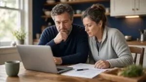 Couple reviewing a home budget on a laptop at a kitchen table