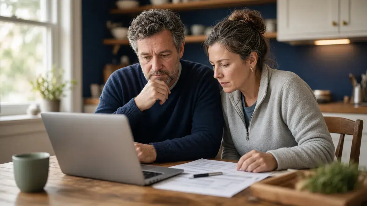 Couple reviewing a home budget on a laptop at a kitchen table