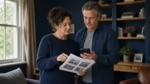 Couple reviewing comparable home prices at a kitchen table while deciding how much to offer