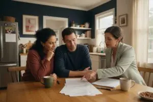 how to negotiate house price - a couple reviewing a purchase offer with their real estate agent at a kitchen table