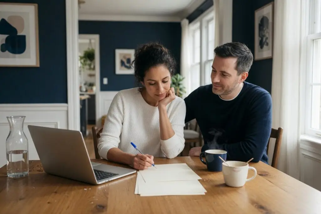letter to seller of home - couple at a wooden dining table drafting an offer note with a laptop and blank paper