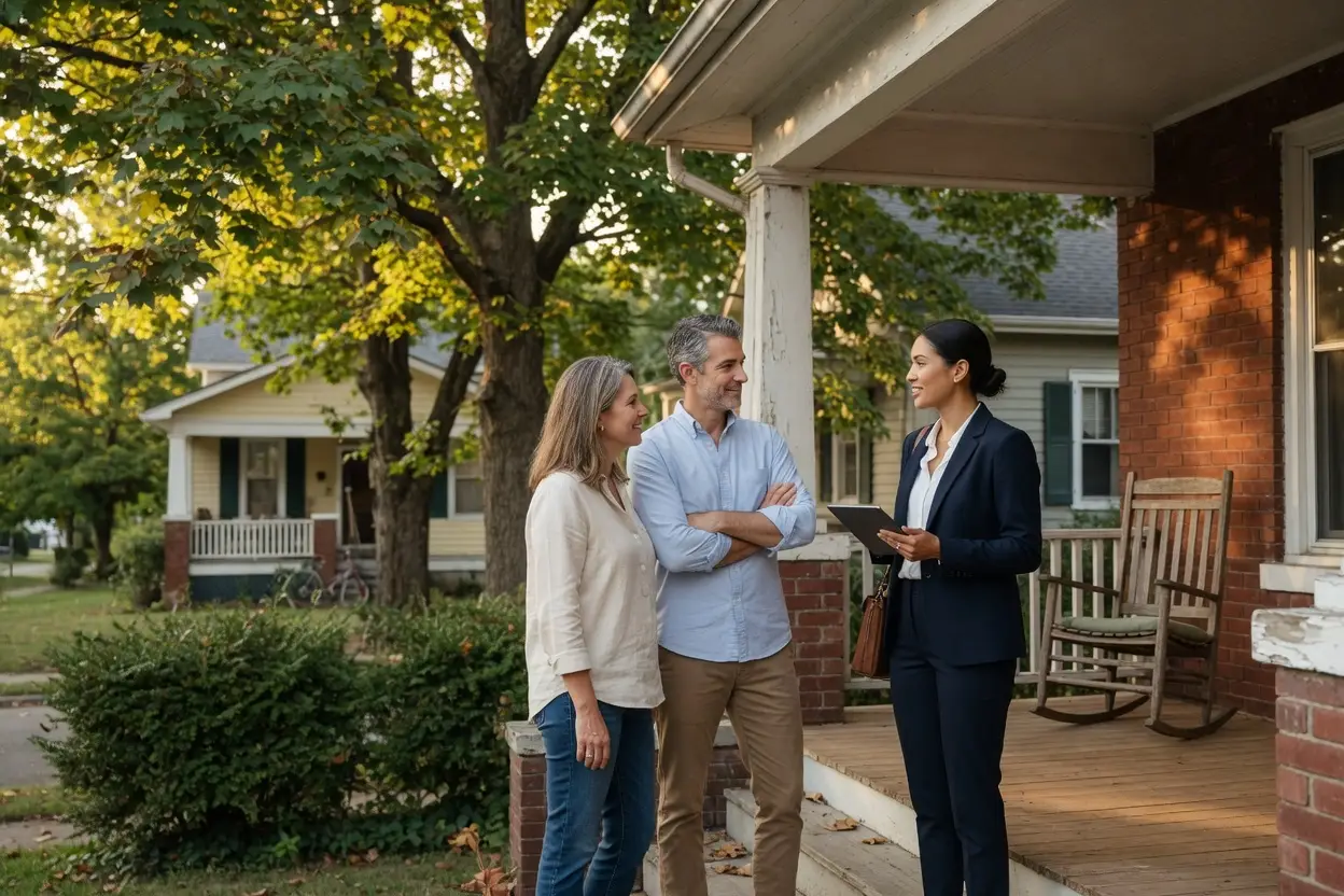 nashville housing market - couple talking with a real estate agent on the porch of a brick Craftsman bungalow on a leafy Nashville street