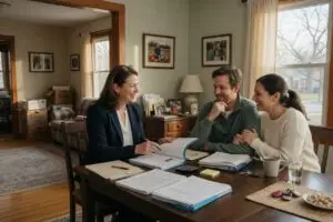 Selling a house in Illinois: an agent reviewing closing paperwork with sellers at home
