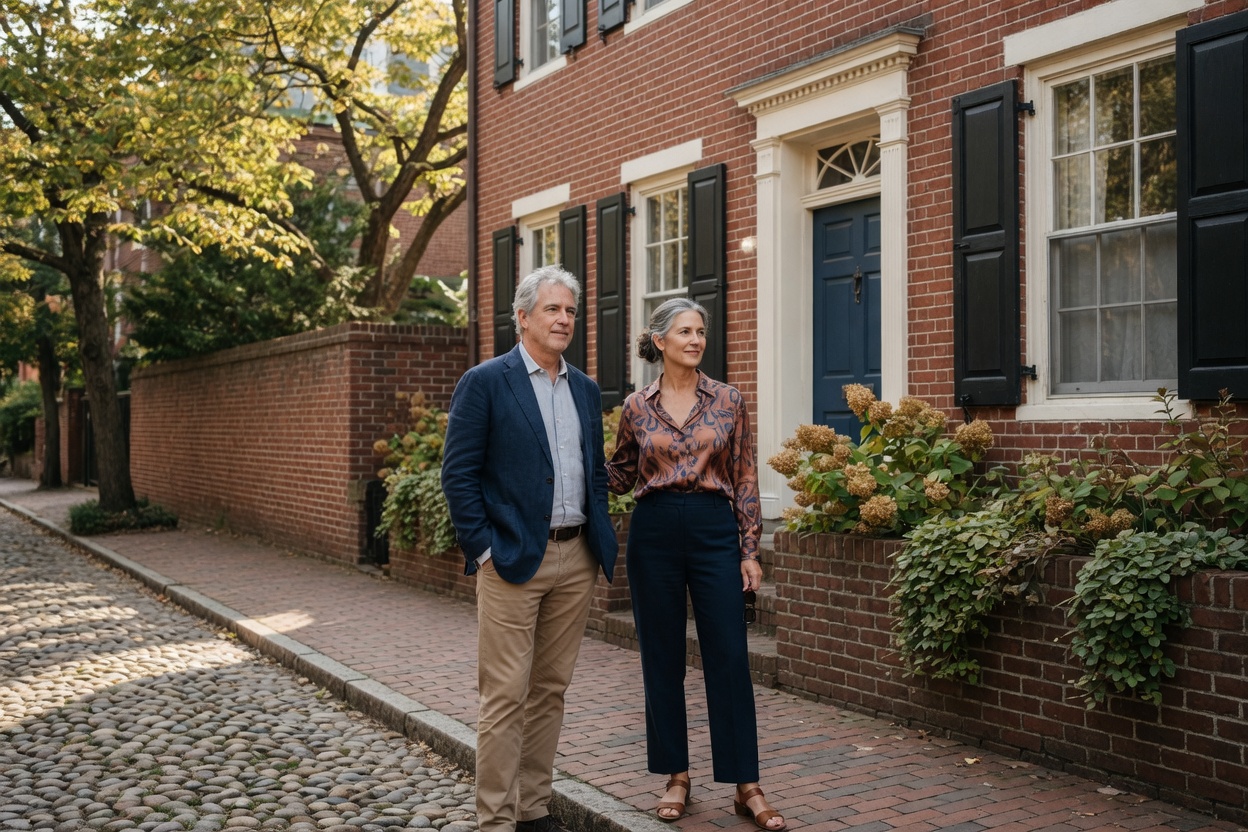 Couple outside a brick rowhouse in Old Town Alexandria while selling a house in Virginia