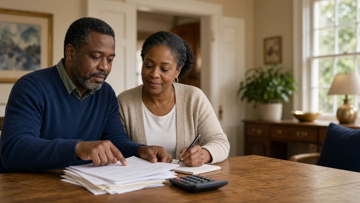 Couple reviewing closing paperwork with a calculator at a dining table