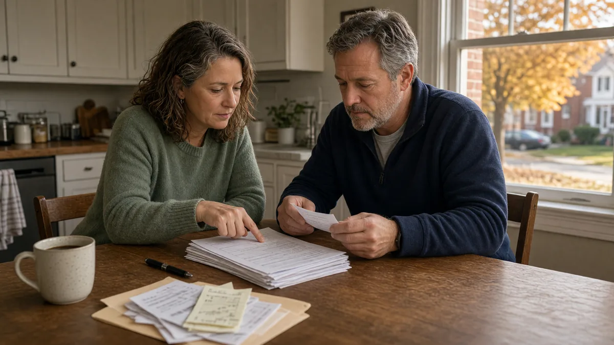 Couple at a kitchen table reviewing home-sale paperwork for a Delaware seller disclosure