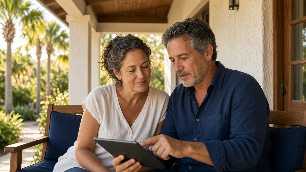 A couple on the porch of a Florida-style home reviewing a listing agreement on a tablet.