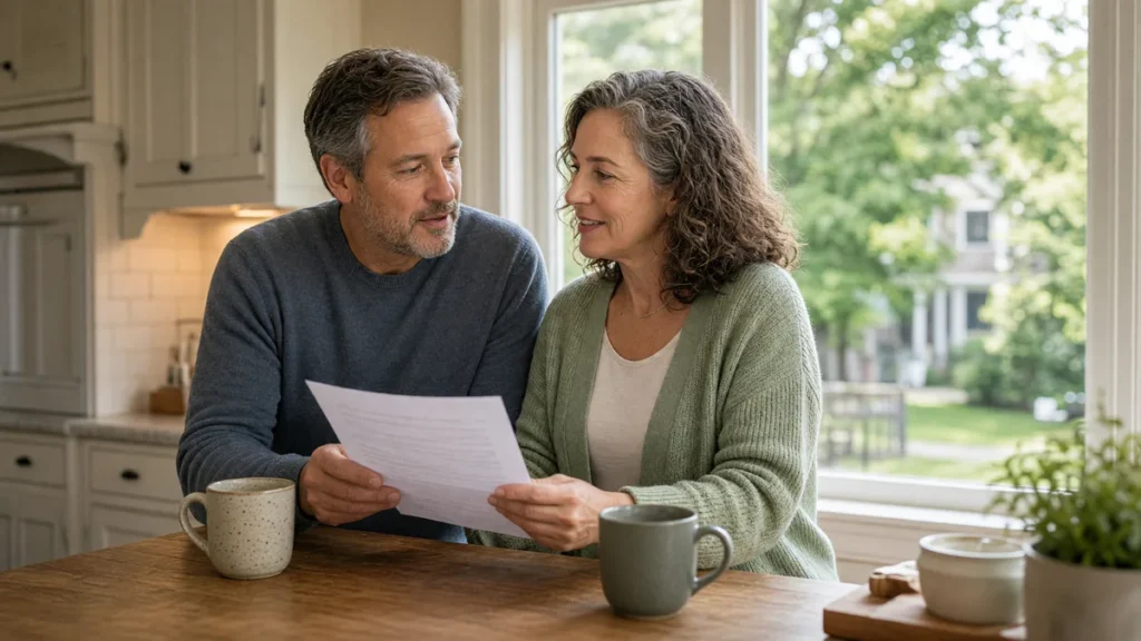 Couple at the kitchen counter of a New Jersey home reviewing listing paperwork over coffee