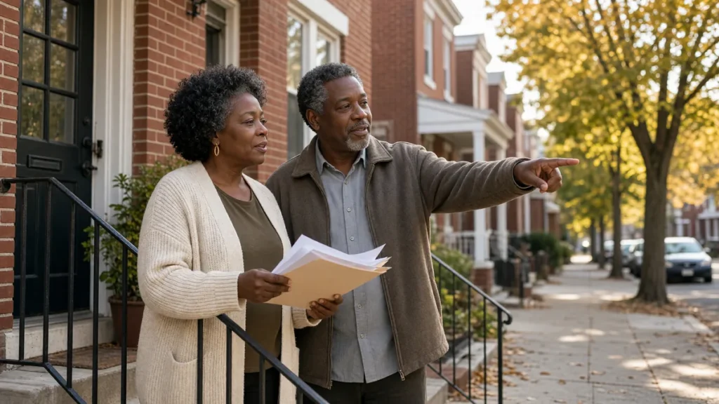 Couple on the front steps of a brick Pennsylvania home reviewing listing paperwork