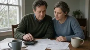 Couple reviewing closing paperwork at a dining table