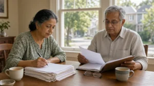 A couple sits at a dining table reviewing New Jersey home-sale paperwork together.
