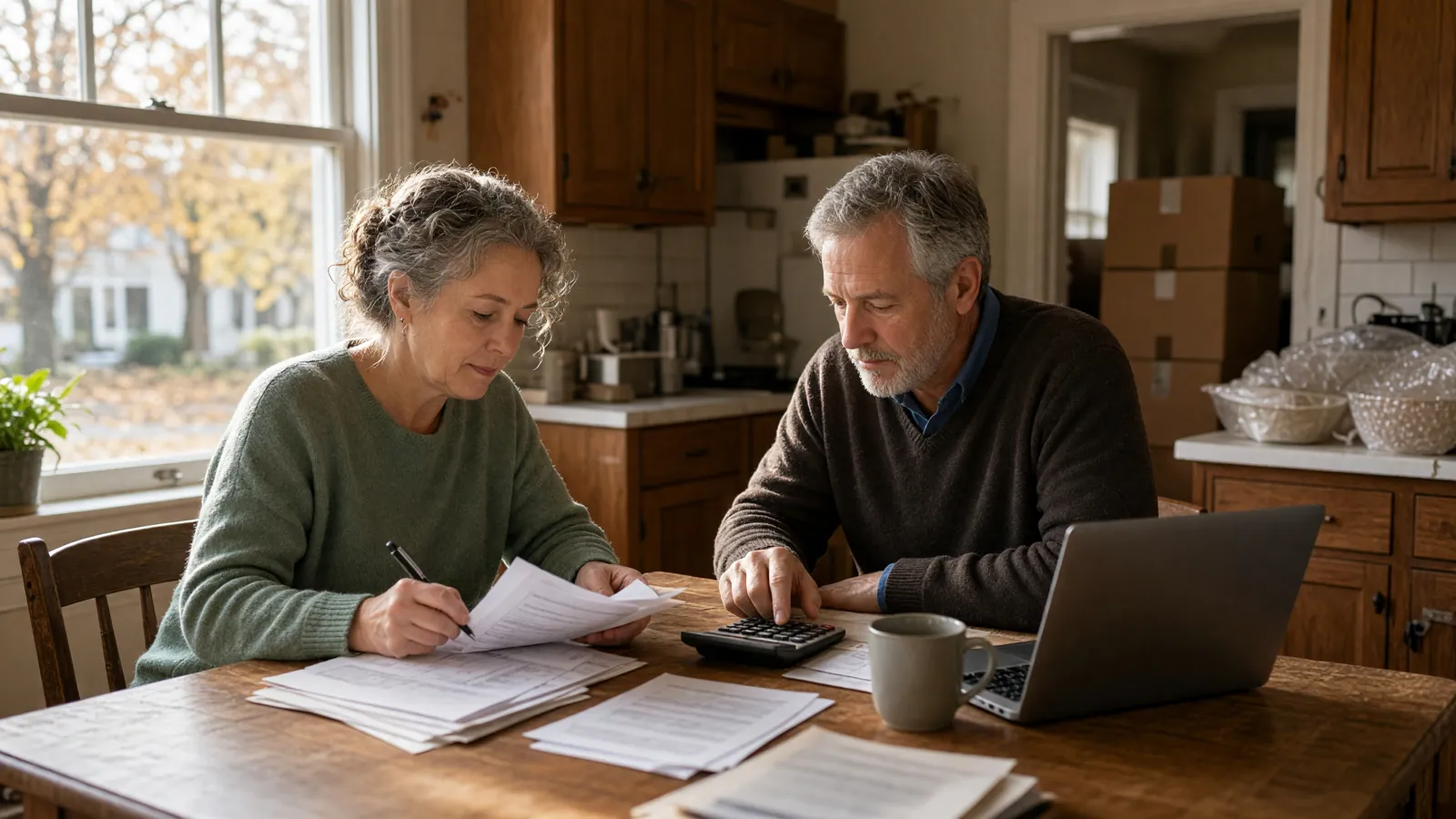 Couple in their 50s at a kitchen table reviewing New Jersey home closing paperwork, with packed moving boxes behind them