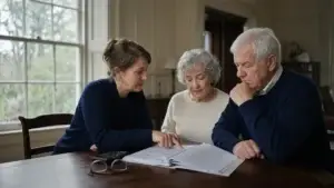 Older couple and their adult daughter reviewing sale paperwork at a dining table