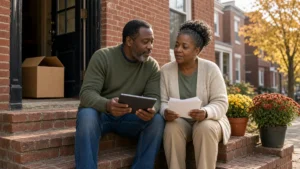 Couple sitting on the brick front steps of their rowhome reviewing paperwork and a tablet