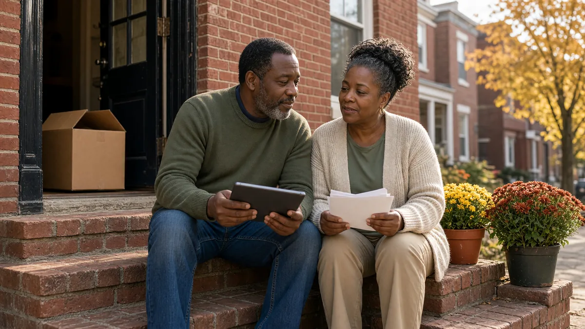 Couple sitting on the brick front steps of their rowhome reviewing paperwork and a tablet
