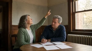 Couple at a dining table in an older Pennsylvania home going over home-sale paperwork
