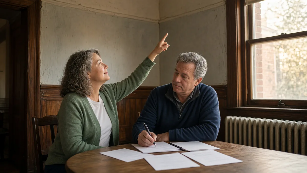 Couple at a dining table in an older Pennsylvania home going over home-sale paperwork