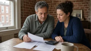 Couple reviewing closing cost paperwork at a dining table
