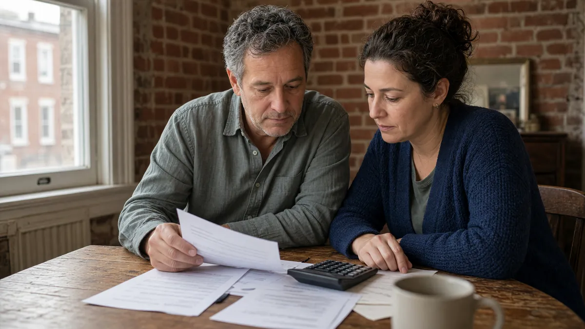 Couple reviewing closing cost paperwork at a dining table